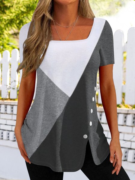 color block Plain button irregular hem contrast Top T-shirt tunic, Blouses & Shirts, Roselinlin - Online Catalog