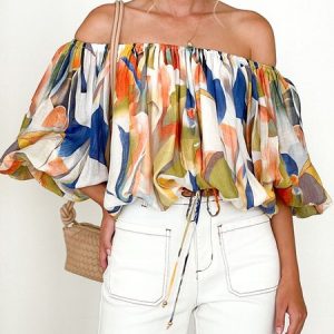 Plus Size Loose Boat Neck Vacation Abstract Shirt, Plus Tops, color:As Picture|size:4X, Stylewe