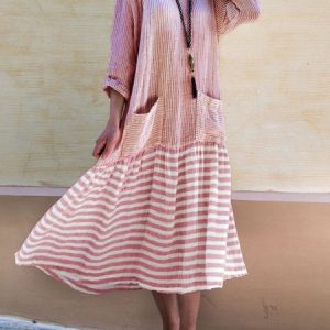 Casual Crew Neck 3/4 Sleeve Cotton Casual Dress, Maxi Dresses, Roselinlin - Online Catalog