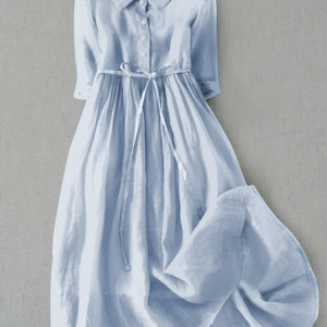 Women's Casual Dress Peter Pan Shirt Collar Plain Loose Linen Style Dress With Belt, Midi Dresses, Roselinlin - Online Catalog