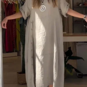 Crew Neck Casual Cotton Plain Dress With No, Maxi Dresses, Roselinlin - Online Catalog