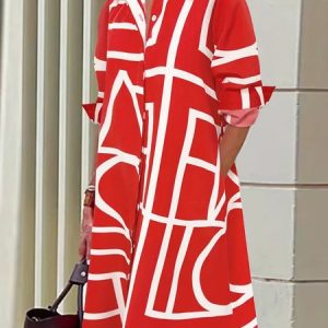 Urban Loose Daily Geometric Shirt Dress, Midi Dresses, color:Red|size:XXL, Stylewe