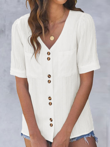 V-neck Casual Loose Solid Color Short-sleeved Blouse, Blouses & Shirts, Roselinlin - Online Catalog