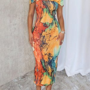 Cold Shoulder Urban Tight Abstract Dress, Midi Dresses, color:As Picture|size:XXL, Stylewe