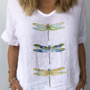 V Neck Short Sleeve Dragonfly Regular Loose Shirt For Women, Blouses, color:White|size:XXL, catalog Noracora shop
