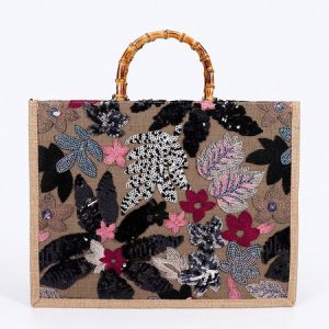 Random Floral Sequins Embroidery Bamboo Handle Tote Bag, Bags, color:Black|size:One-size, Stylewe