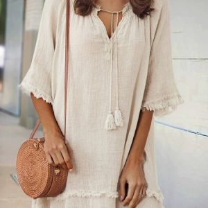 Plain Cotton-Blend Short Sleeve Holiday Women Dress, Midi Dresses, Roselinlin - Online Catalog