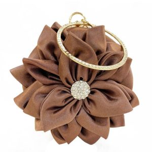 Elegant Rhinestone Flower Handle Bag Satin Circle Clutch Bag with Chain, Bags, color:Coffee|size:One-size, Stylewe
