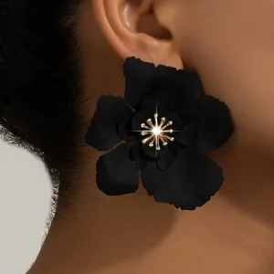 1pair Elegant Flower Rhinestone Stud Earrings, Earrings, color:Black|size:One-size, Stylewe