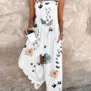 Women Gallus Spaghetti Loose Long Daily Vacation Floral Natural Overall Jumpsuit, Jumpsuits&Rompers, color:White|size:XXL, catalog Noracora shop