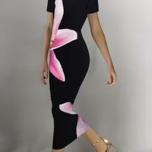 Tight Boat Neck Short Sleeve Floral Elegant Midi Dress, Midi Dresses, color:As Picture|size:XXL, Stylewe