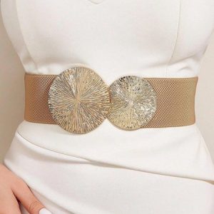 Round Buckle Elastic Wide Belt Elegant Dress Coat Girdle, JustFashionNow Belts, color:Apricot|size:One-size,