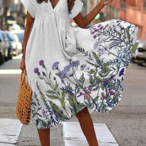 2021 Summer Casual Hem Floral Print V Neck Holiday Women Dress, Midi Dresses, Roselinlin - Online Catalog