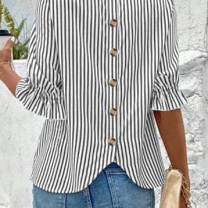 Crew Neck Half Sleeve Striped Regular Loose Shirt For Women, Blouses, color:Black-white|size:XXL, catalog Noracora shop