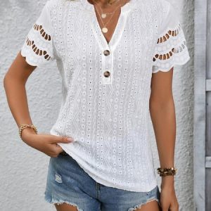 Loose Half Open Collar Plain Blouse, Tees & T-shirts, Roselinlin - Online Catalog