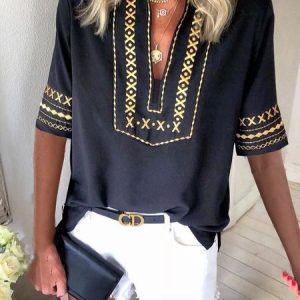 Paisley  Short Sleeve  Printed  Polyester  V neck  Vintage  Summer  Black Shirt, Blouses & Shirts, Roselinlin - Online Catalog
