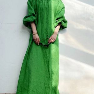 Vacation Boat Neck Loose Cotton Dress, Maxi Dresses, color:Green|size:XL, Stylewe