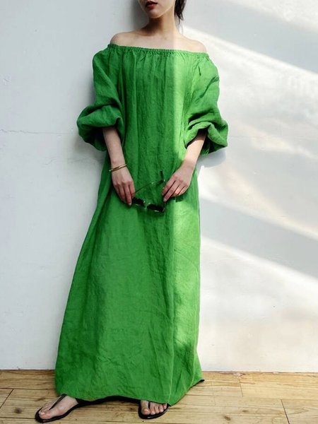 Boat Neck Loose Plain Casual Dress, Maxi Dresses, color:Green|size:XL, Stylewe
