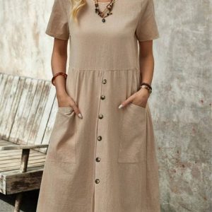 Loose Crew Neck Casual Cotton Dress With No, Midi Dresses, Roselinlin - Online Catalog