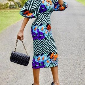 Crew Neck Floral Half Sleeve Elegant Midi Dress, Midi Dresses, color:As Picture|size:XXL, Stylewe