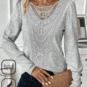 Women's Long Sleeve Tee T-shirt Spring/Fall Plain Lace Crew Neck Holiday Going Out Casual Top, JustFashionNow T-Shirts, color:Gray|size:XXL,