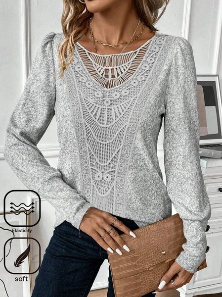 Women's Long Sleeve Tee T-shirt Spring/Fall Plain Lace Crew Neck Holiday Going Out Casual Top, JustFashionNow T-Shirts, color:Gray|size:XXL,