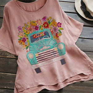 Pink Cotton-Blend Short Sleeve Top, Blouses & Shirts, Roselinlin - Online Catalog