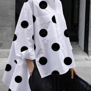 Shirt Collar Polka Dots Shift Elegant Top, Blouses and Shirts, color:White|size:XXL, Stylewe