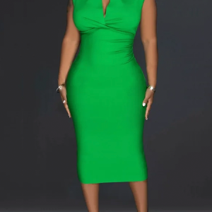 Tight Micro-Elasticity Elegant V Neck Sleeveless Plain Tight Midi Dress, Midi Dresses, color:Green|size:XXL, Stylewe