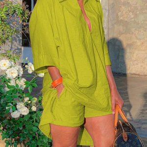 Shirt Collar Loose Casual Linen Blouse, Blouses and Shirts, color:Green|size:XXL, Stylewe