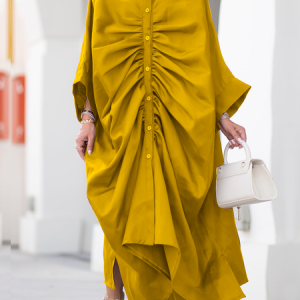 Loose Urban Shirt Collar Three Quarter Sleeve Plain Maxi Dress, Maxi Dresses, color:Yellow|size:XXL, Stylewe