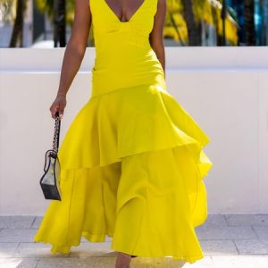 V Neck Elegant Plain Sleeveless Maxi Dress, Maxi Dresses, color:Yellow|size:XXL, Stylewe