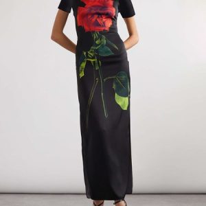 Regular Fit Crew Neck Elegant Floral Dress, Maxi Dresses, color:Black|size:XXL, Stylewe