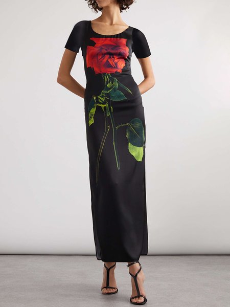 Regular Fit Crew Neck Elegant Floral Dress, Maxi Dresses, color:Black|size:XXL, Stylewe