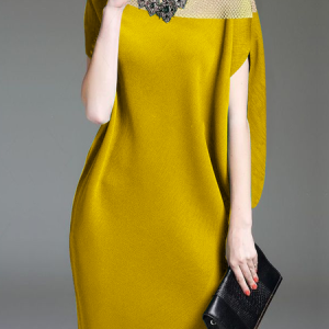 Elegant Plain Loose Crew Neck Short Sleeve Short Dress, Mini Dresses, color:Yellow|size:XXL, Stylewe