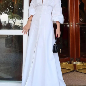 Elegant Regular Fit Shirt Collar Half Sleeve Maxi Dress Shirt Dress, Maxi Dresses, color:White|size:XXL, Stylewe