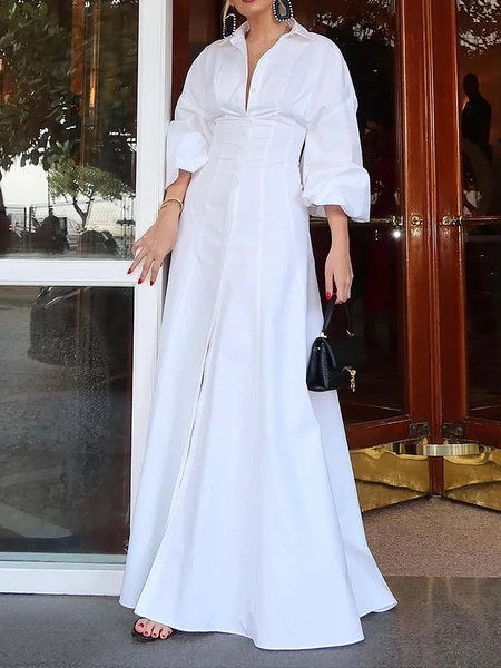 Elegant Regular Fit Shirt Collar Half Sleeve Maxi Dress Shirt Dress, Maxi Dresses, color:White|size:XXL, Stylewe