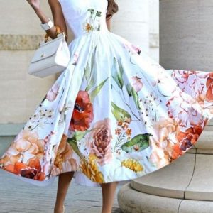 Elegant Floral High Waist Sleeveless Dress, Midi Dresses, color:White|size:XXL, Stylewe