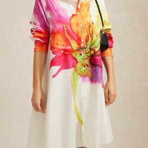 Better Basics Artistic Floral H-Line Shirt Dress, Midi Dresses, color:White|size:XXL, Stylewe