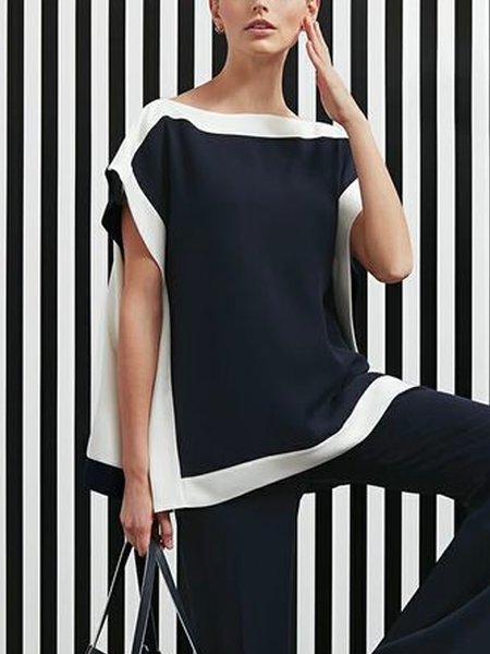 Boat Neck Color Block Loose Urban Shirt, Blouses and Shirts, color:Black-white|size:XXL, Stylewe
