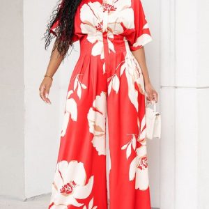Floral Stand Collar Vacation Regular Fit Jumpsuit, Jumpsuits, color:Red|size:XXL, Stylewe
