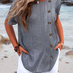 Crew Neck Simple Plain Loose Linen Style Shirt, Blouses & Shirts, Roselinlin - Online Catalog