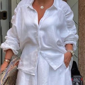 Loose Long Sleeve Shirt Collar Casual Blouse, Blouses and Shirts, color:White|size:XXL, Stylewe