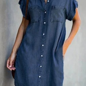 Blue Shirt Collar Plain Short Sleeve Denim Dress, Midi Dresses, Roselinlin - Online Catalog