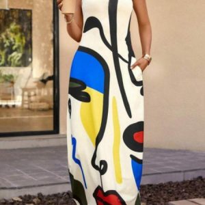 Vacation Loose Print Dress, Maxi Dresses, color:White|size:XXL, Stylewe