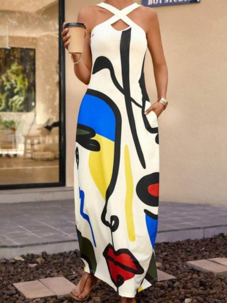 Vacation Loose Print Dress, Maxi Dresses, color:White|size:XXL, Stylewe