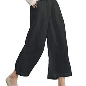 Womens Casual Loose Pockets Elastic Waist Cotton Linen Trousers Cropped Wide Leg Pants, Pants, Roselinlin - Online Catalog