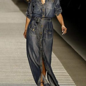 Denim Urban Shirt Collar Long Dress With Belt, Maxi Dresses, color:Deep Blue|size:XXL, Stylewe