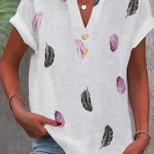 V Neck Casual Feather Pattern Loose Shirt, Blouses & Shirts, Roselinlin - Online Catalog