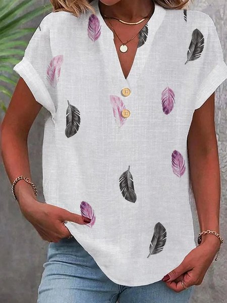 V Neck Casual Feather Pattern Loose Shirt, Blouses & Shirts, Roselinlin - Online Catalog